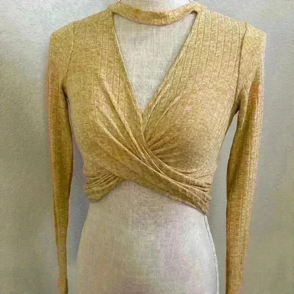 Mustard Yellow Forever 21 Fitted Long Sleeve tank top, twist front cutout - Picture 2 of 5